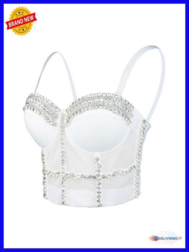White Diamond Chain Mesh Bustier Crop Top Push Up Corset Bralet With Detachable